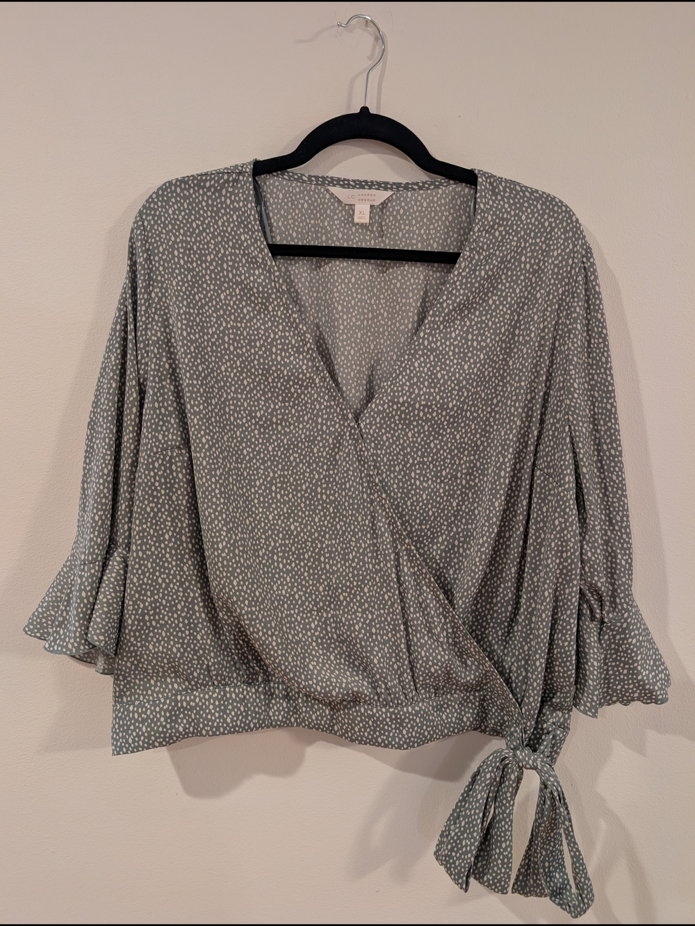 LC Lauren Conrad Dusty Blue Dot Wrap Blouse with Tie